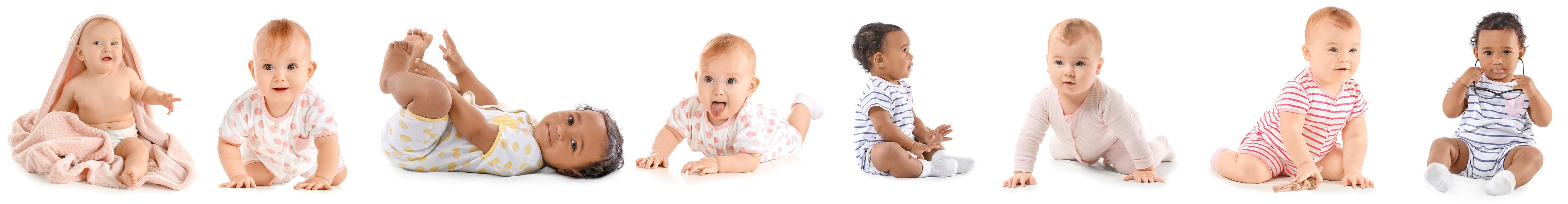 Babies all sat in a row with different clothes on.