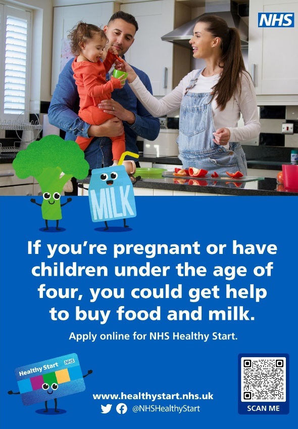 Poster showing QR code to check eligibility for Healthy Start scheme.