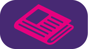 Purple background with a pink icon of a newspaper